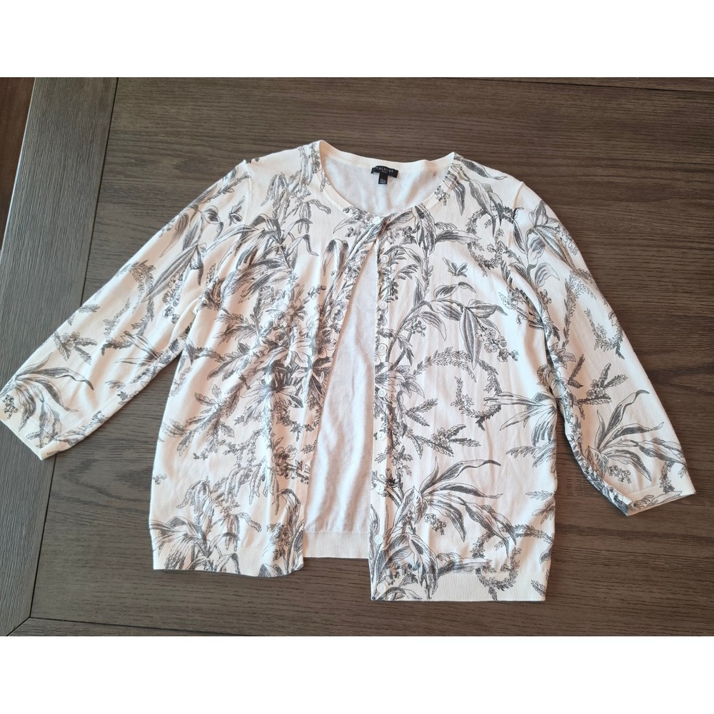 Talbots Petite XL Ivory Gray Botanical Toile Cotton Blend Cardigan Sweater